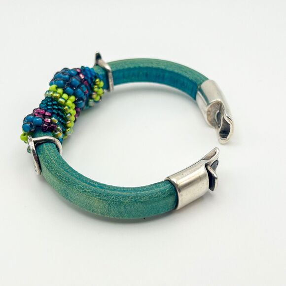 Leather Bracelet Partially Wrapped in Beads Nautical Theme Magnetic Closure - Picture 3 of 7